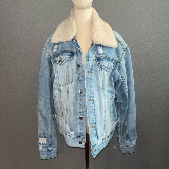FP FREE PEOPLE PLAID LINED SHERPA COLLAR OVERSIZED DENIM TRUCKER JEAN JACKET  S - Picture 1 of 15